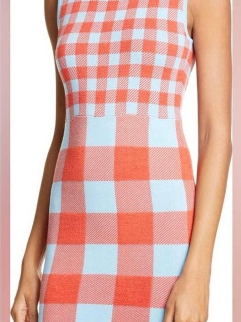 STAUD Coral and Light Blue Gingham Knit Mini Dress